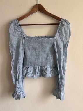 Reformation Smocked Puff Sleeve Crop Top – Dusty Blue (100% Organic Cotton)